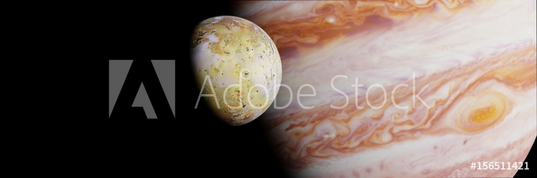 Bild på Jupiters moon Io in front of the planet Jupiter